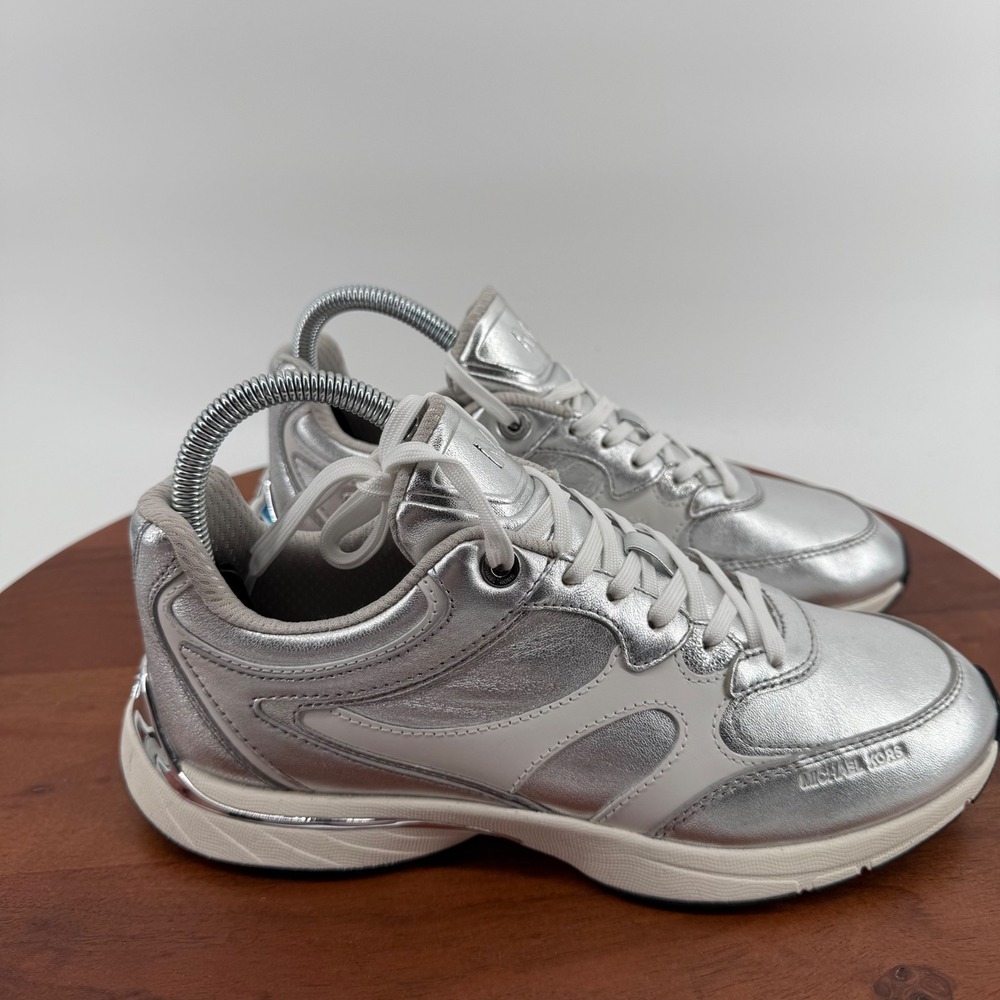 Michael Kors Riley Trainer Silver Metallic Leather Fashion Sneakers ‎ Womens 7M